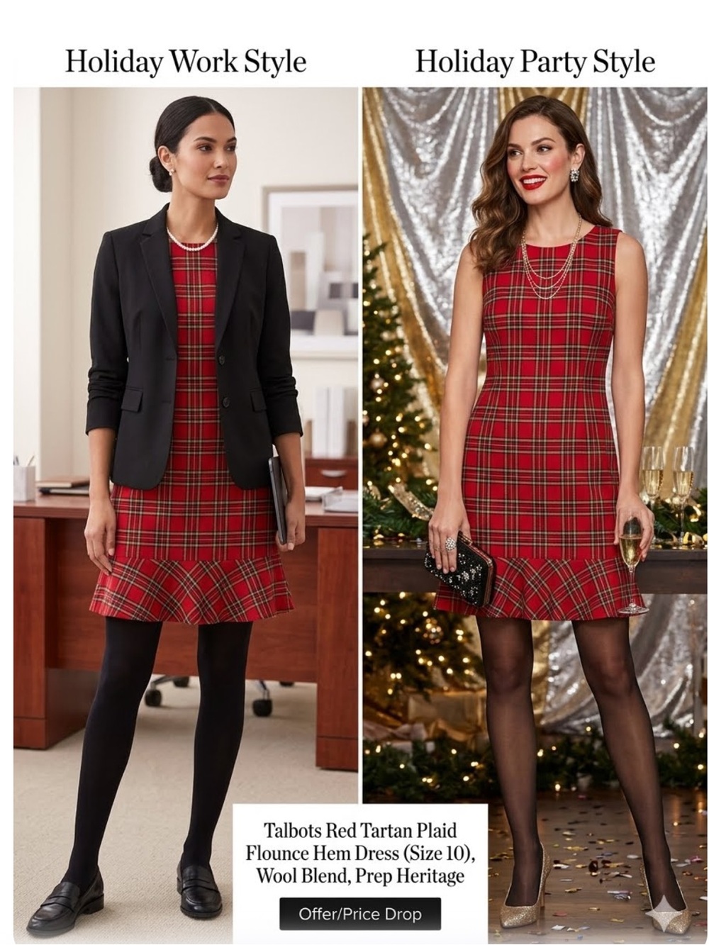 Talbots Red Tartan Plaid Flounce Hem Dress  10    Wool Blend  Prep Heritage